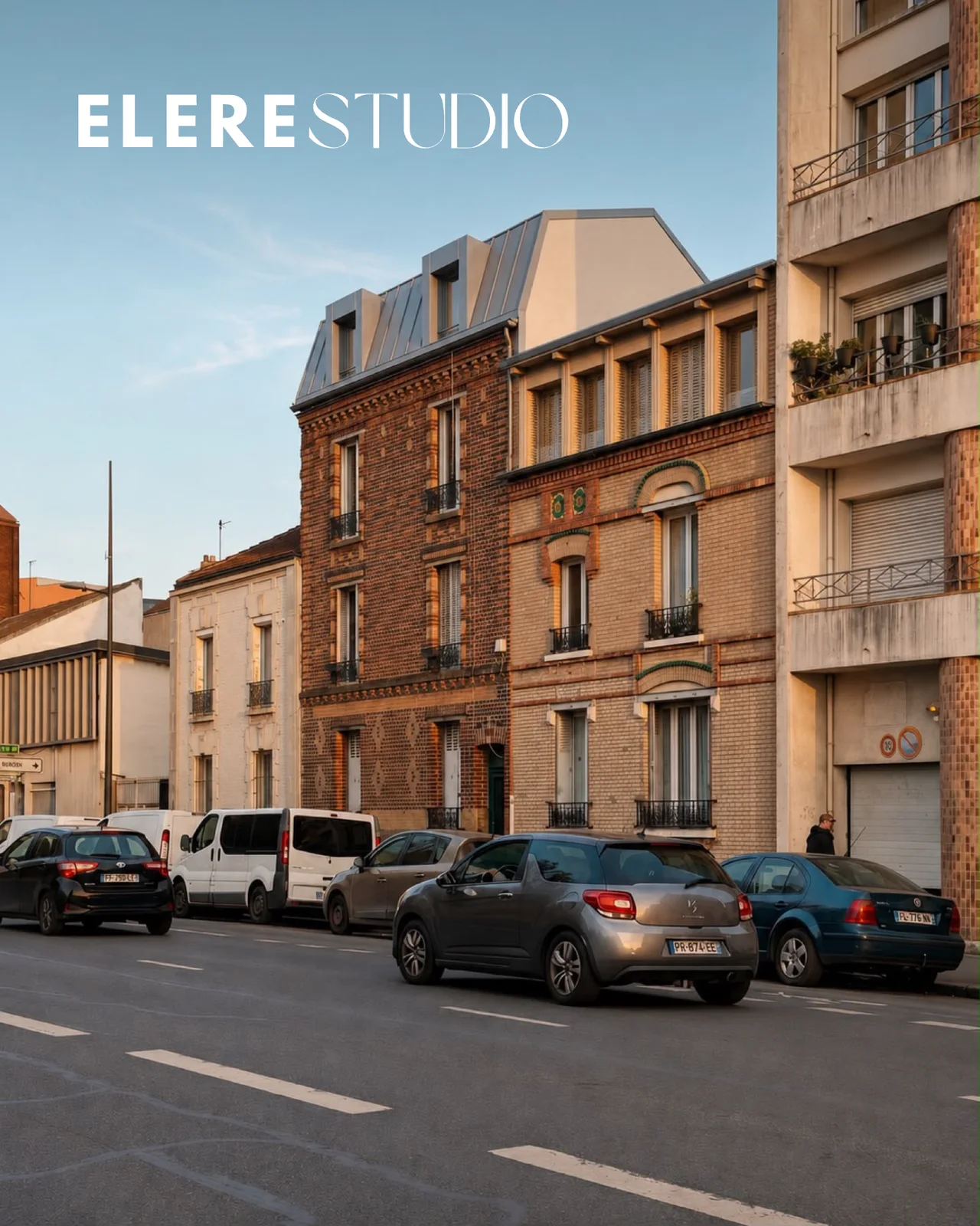 Logotype ELERE STUDIO sur la façade du projet Couturier, surélévation à Saint-Denis