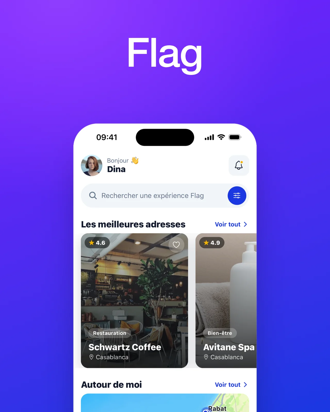Application Flag, écran d'accueil avec les meilleures adresses de Casablanca, sur le violet de la marque