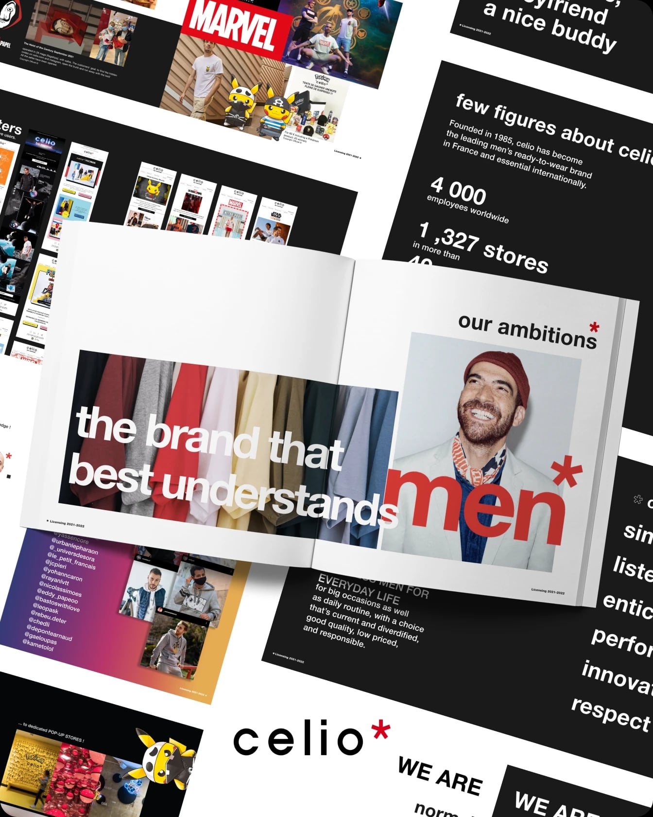Fanzine Celio — spread éditorial retraçant les collaborations et l'identité de la marque de mode masculine