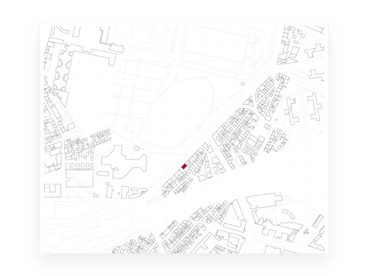 Plan de situation du projet Couturier à Saint-Denis, la parcelle d'intervention marquée en carmin sur un fond de plan gris