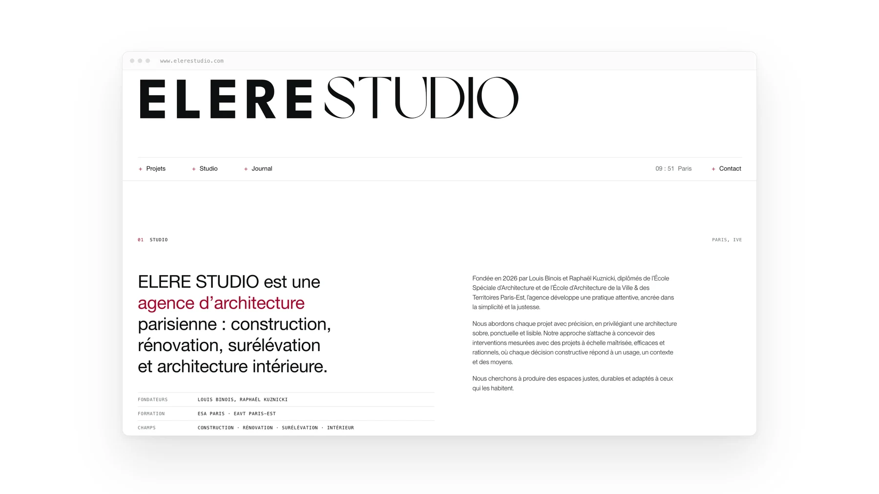 Page d'accueil du site ELERE STUDIO, agence d'architecture à Paris, bandeau titre pleine largeur et accroche en carmin