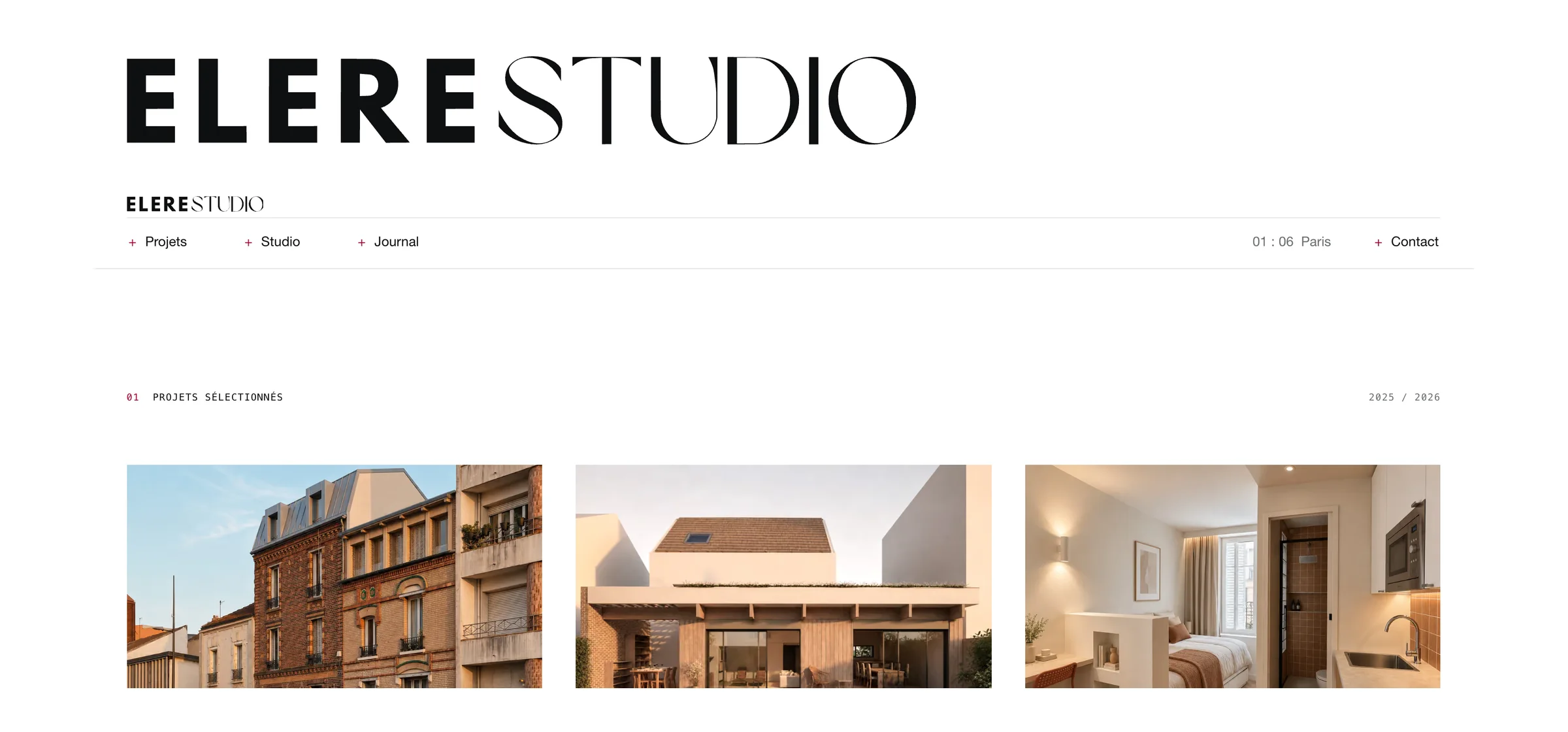 Page d'accueil du site ELERE STUDIO, agence d'architecture à Paris : le logotype pleine largeur et les projets sélectionnés