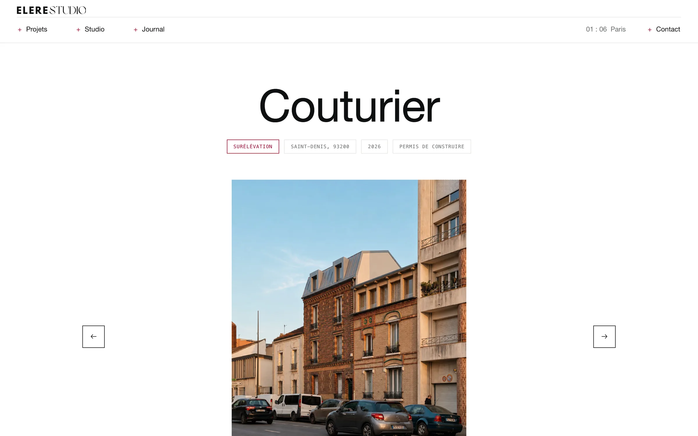 Fiche du projet Couturier sur le site ELERE STUDIO, avec ses cartouches de mission