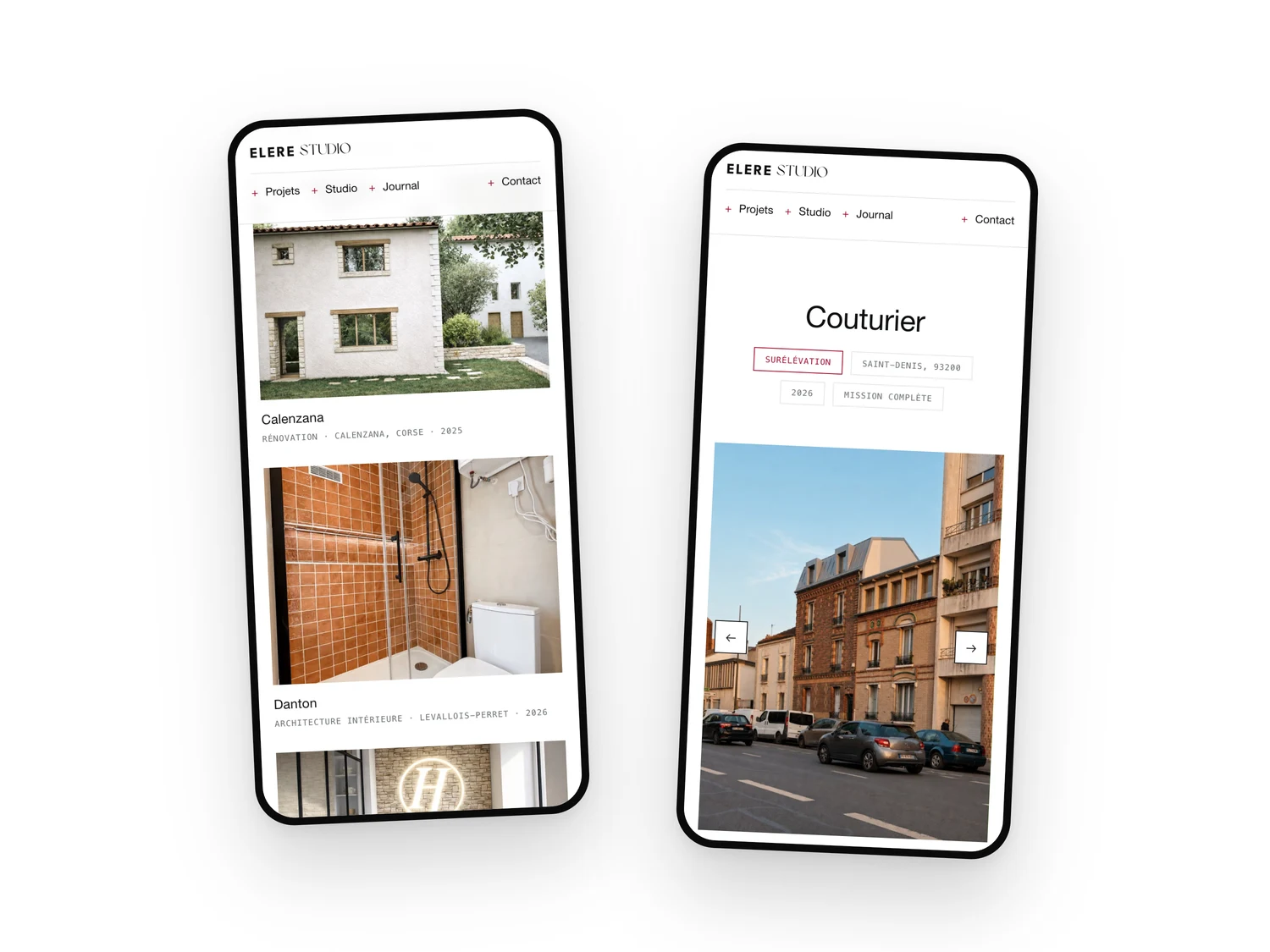 Site ELERE STUDIO sur mobile, liste des projets et fiche du projet Couturier avec ses cartouches de mission