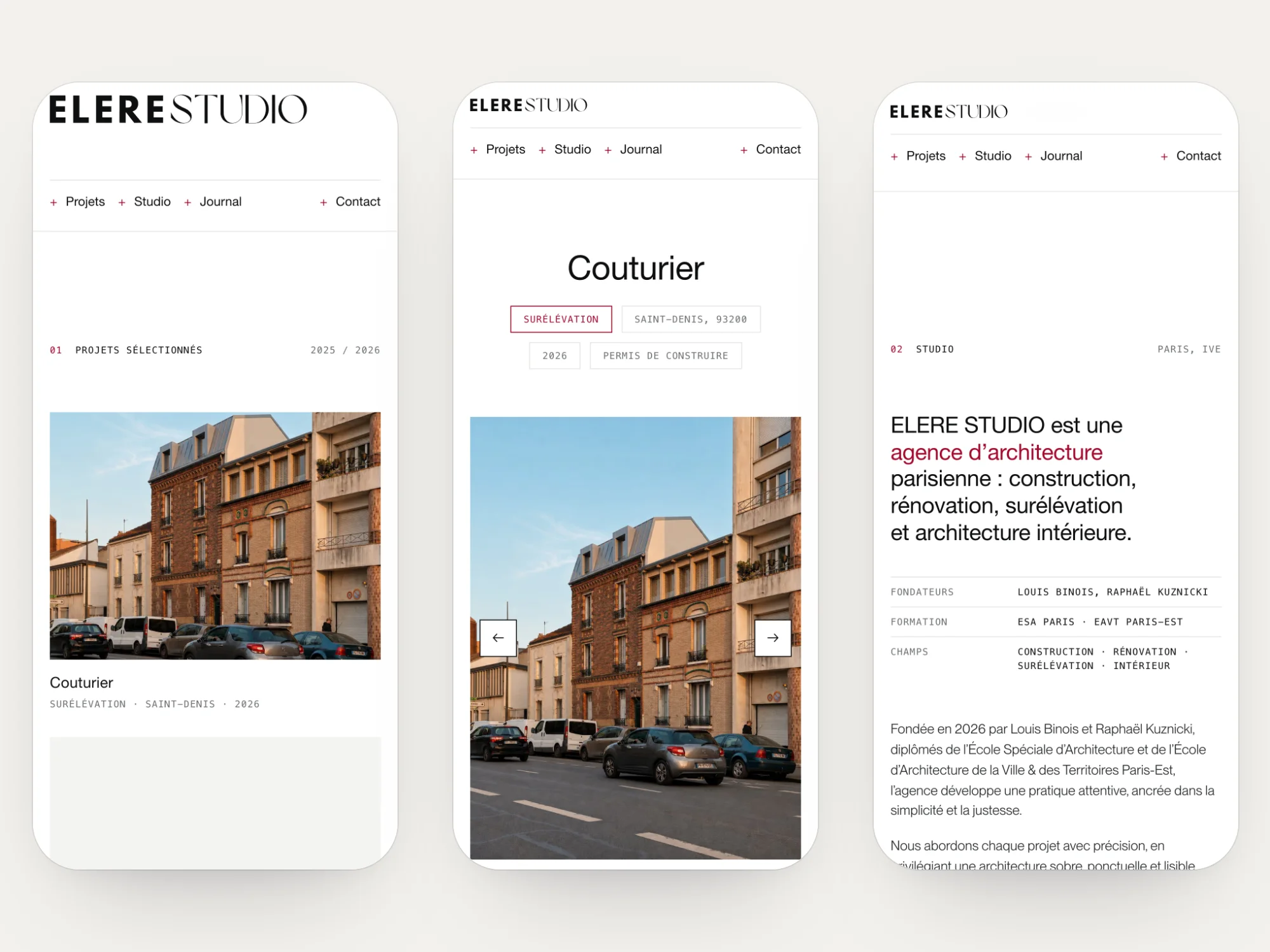 Site ELERE STUDIO sur mobile : accueil, fiche du projet Couturier et page du studio