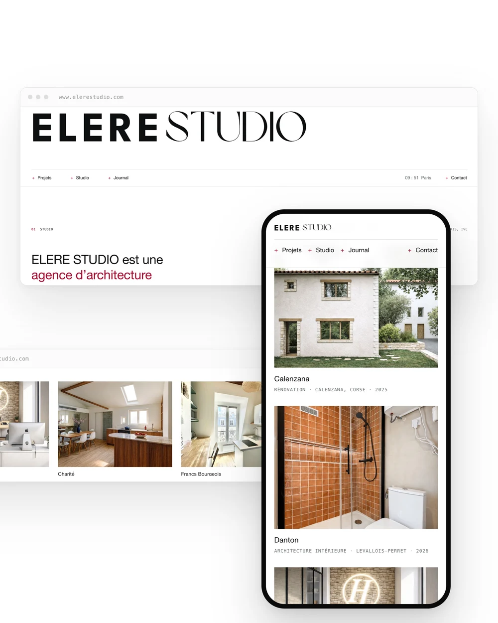 Site web ELERE STUDIO sur ordinateur et mobile, bandeau titre noir et accent carmin sur fond blanc
