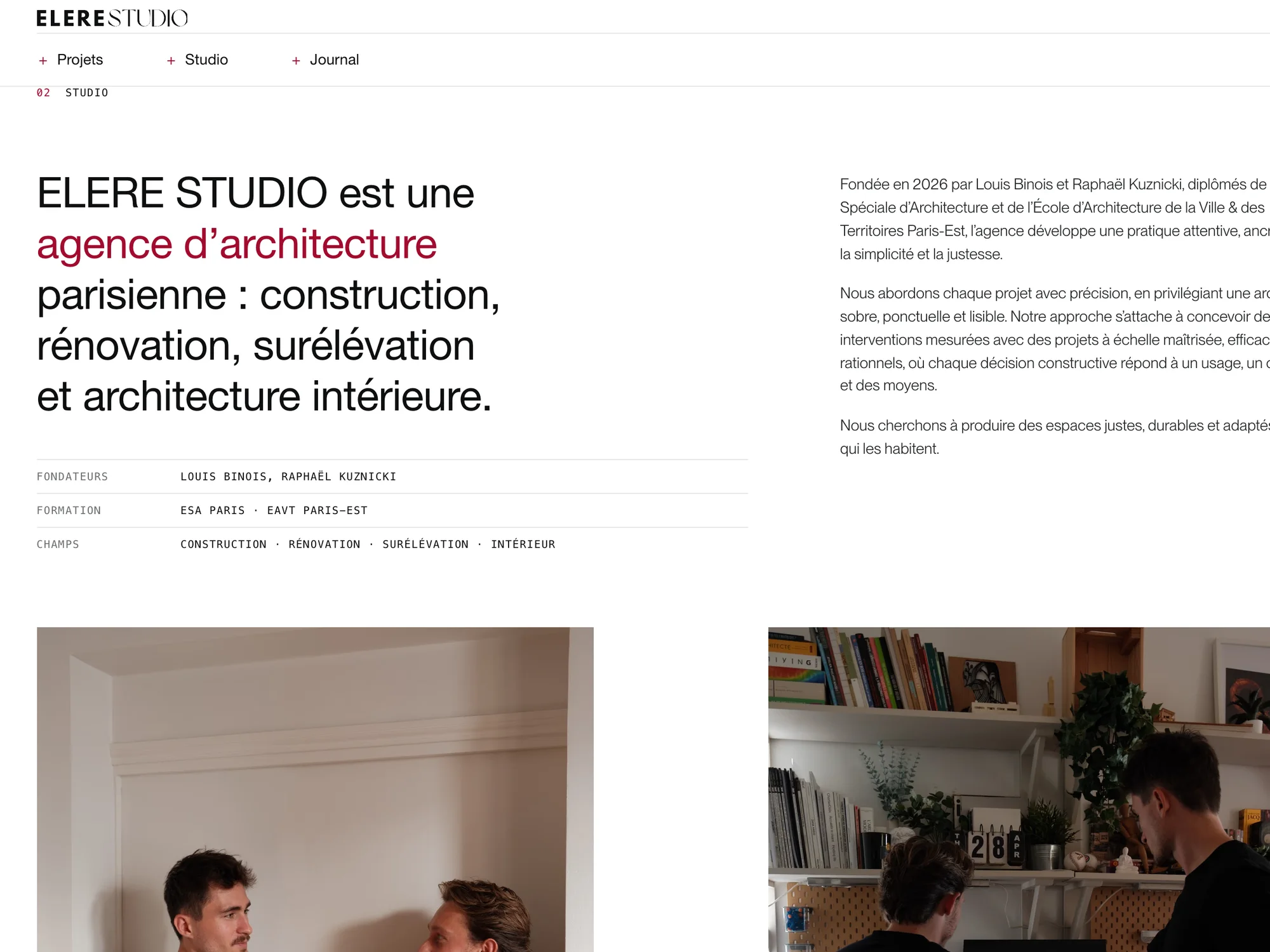 Page du studio ELERE : l'agence en une phrase, l'intervention marquée en carmin
