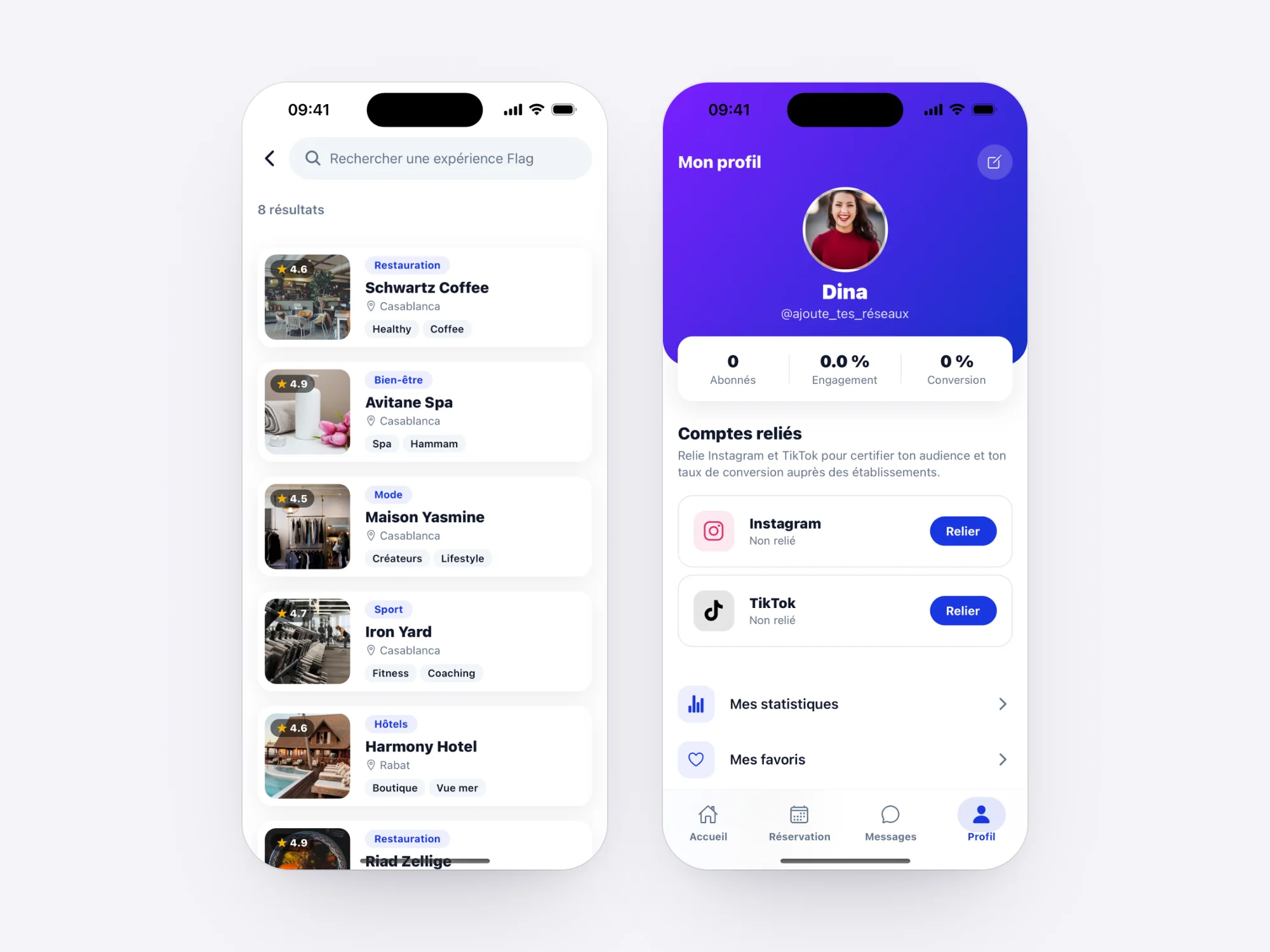 Flag : liste des adresses de restauration et profil du créateur avec ses comptes Instagram et TikTok reliés