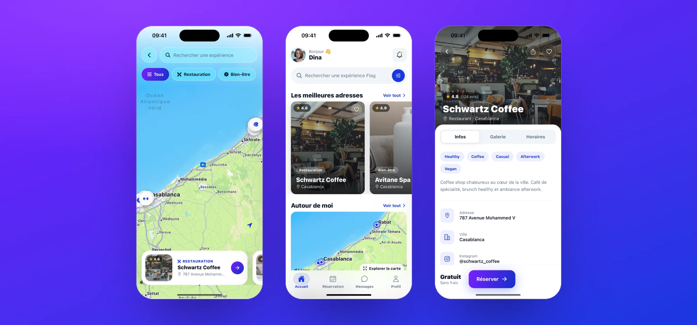 Trois écrans de l'application Flag : la carte des adresses, l'accueil et la fiche d'un établissement avec réservation