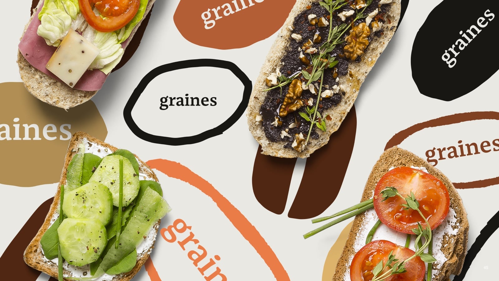 Système d'identité visuelle Graines — logotype et tartines de saison, branding du café de spécialité à Paris 6e