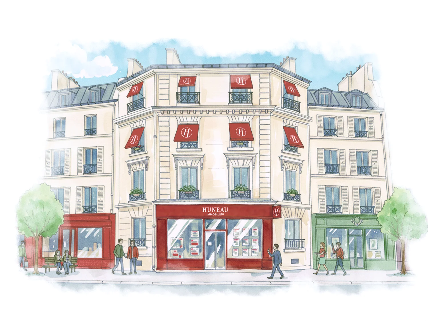 Illustration aquarelle Huneau Immobilier — immeuble haussmannien parisien, devanture de l'agence avec stores rouges