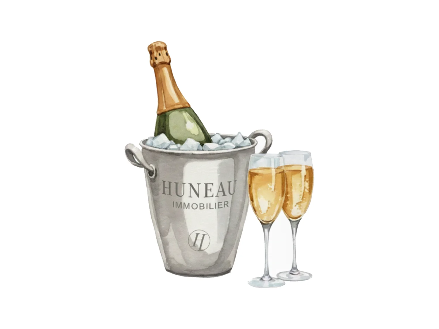 Illustration aquarelle Huneau Immobilier — seau à champagne argenté gravé du monogramme H et deux flûtes