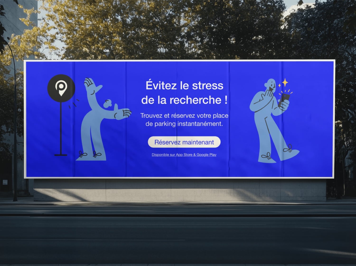 Affiche Mobile Park « Évitez le stress de la recherche » — campagne de réservation de parking souterrain