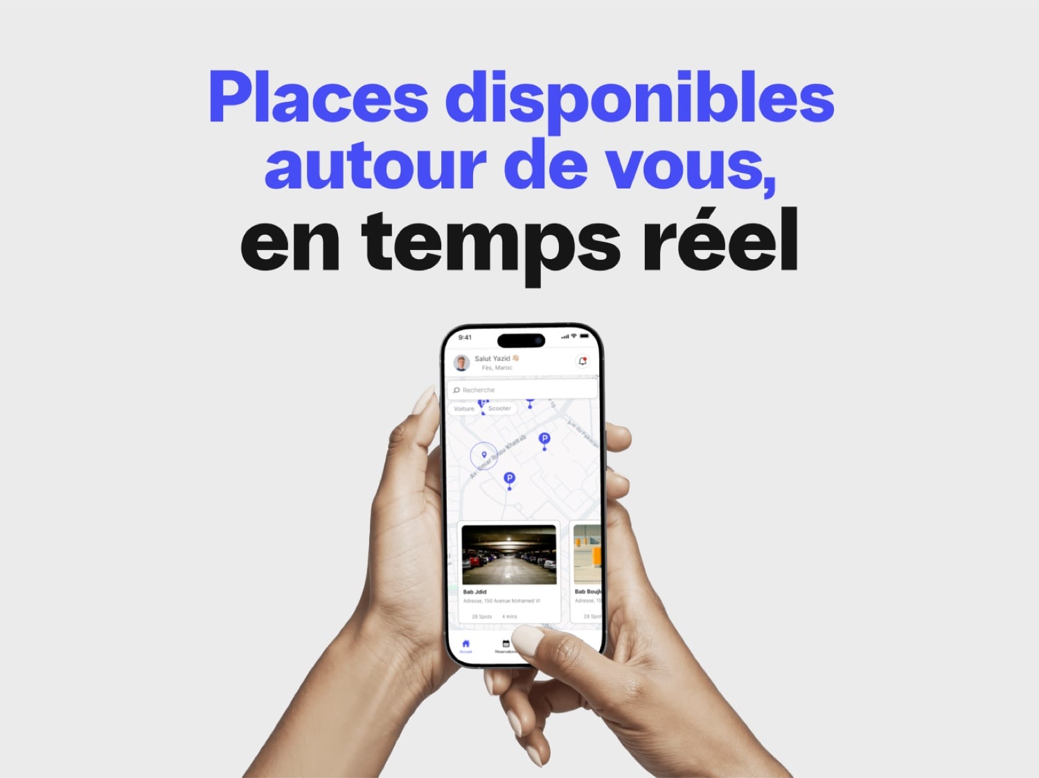 Écran carte de l'app Mobile Park — places de parking disponibles autour de vous en temps réel