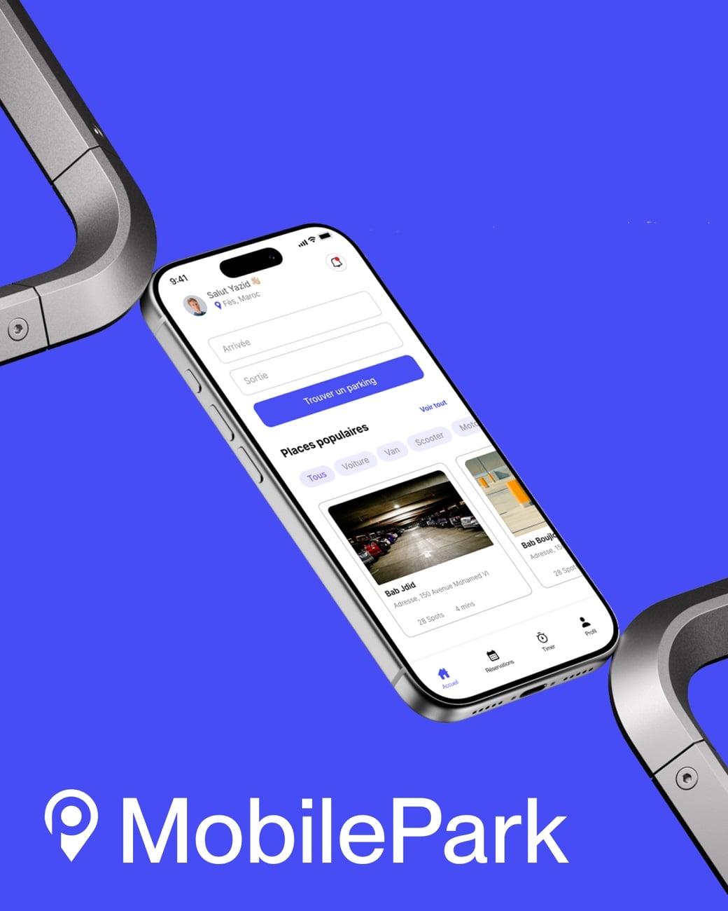 Application Mobile Park sur iPhone et logo MobilePark — réservation de places de parking souterrain (CGPark, groupe CDG)