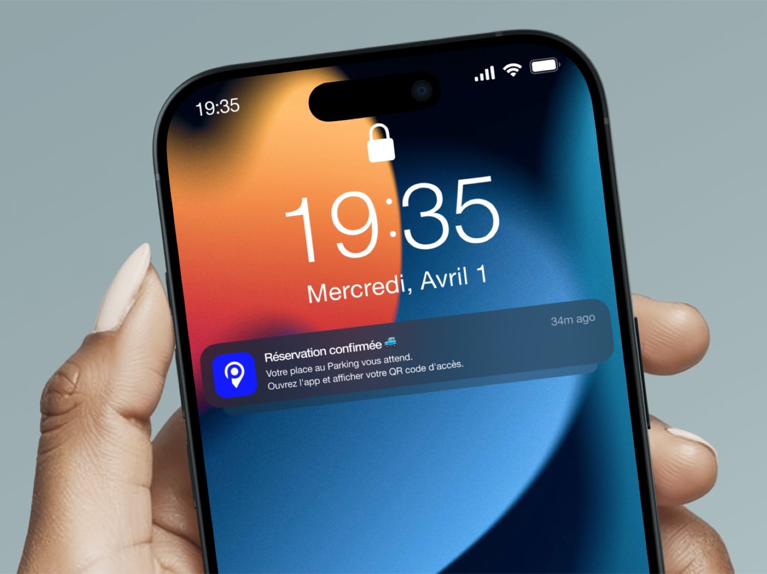 Notification de réservation confirmée Mobile Park sur l'écran de verrouillage iPhone