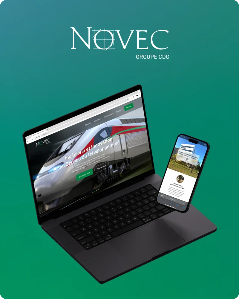 Mockup Novec Groupe CDG — logo et site web optimisé sur laptop et mobile