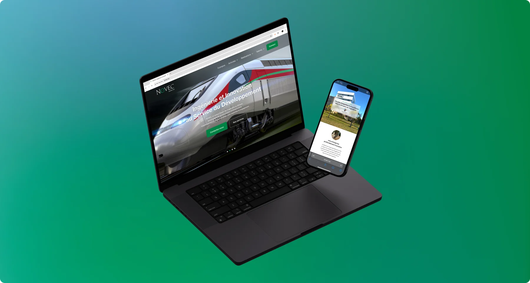 Mockup du site web Novec sur laptop et smartphone — optimisation digitale pour Novec Groupe CDG