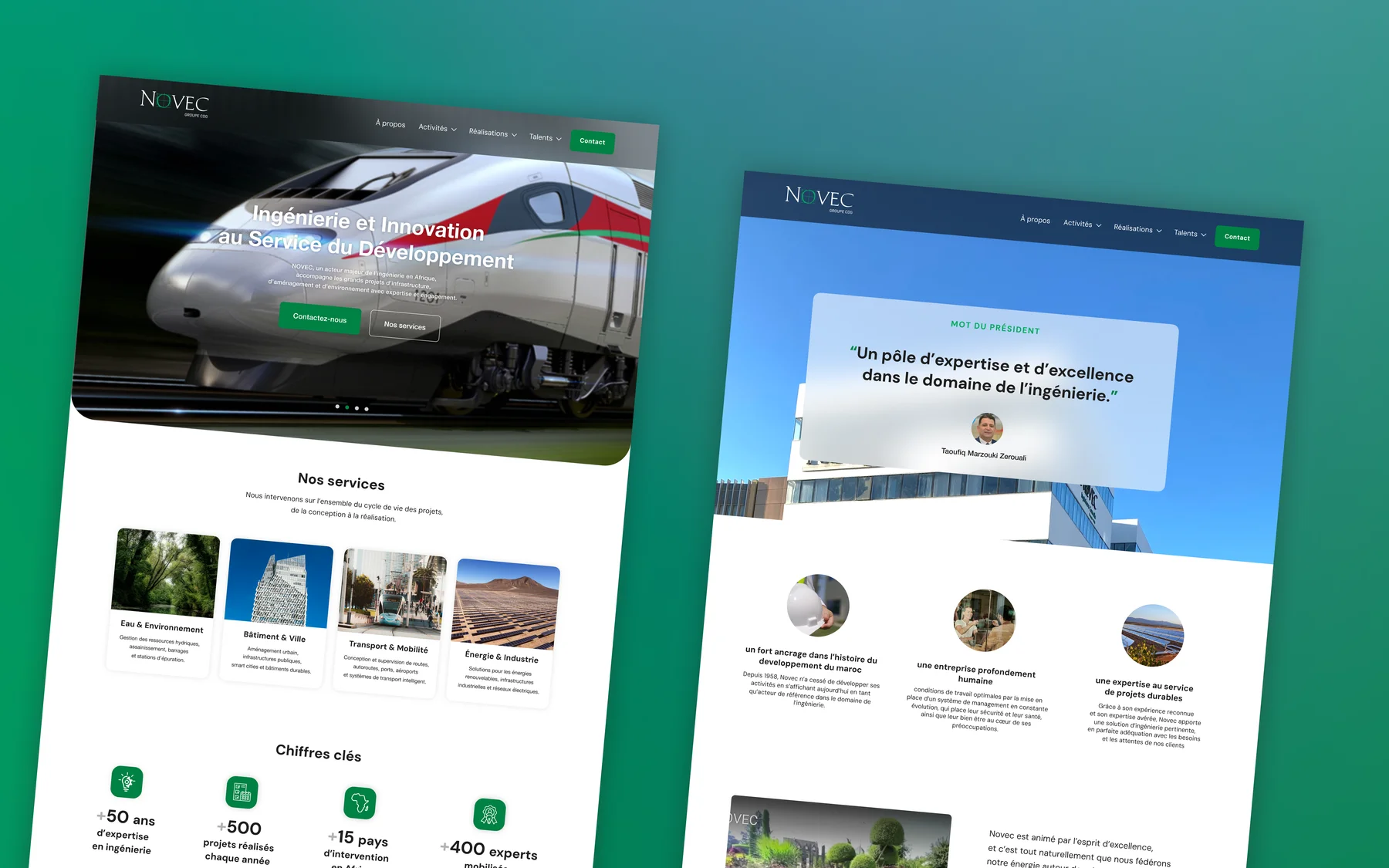 Site web Novec novec.ma — homepage et page À propos refondus, desktop