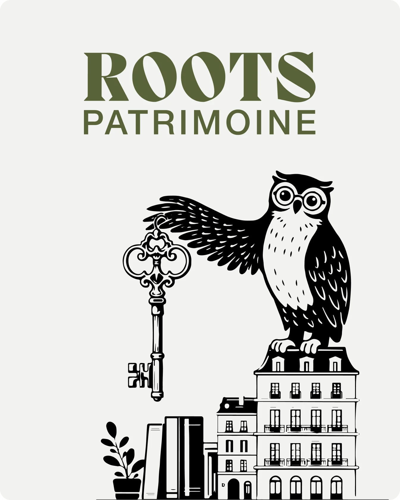 Identité visuelle Roots Patrimoine — logotype vert olive et mascotte chouette sur fond gris clair