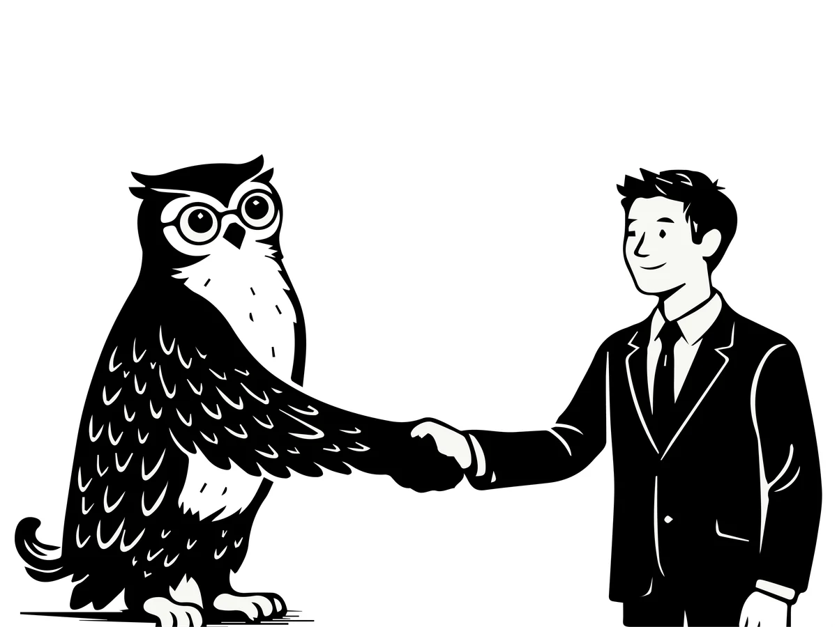Illustration Roots Patrimoine — chouette serrant la main d'un client, symbole de confiance