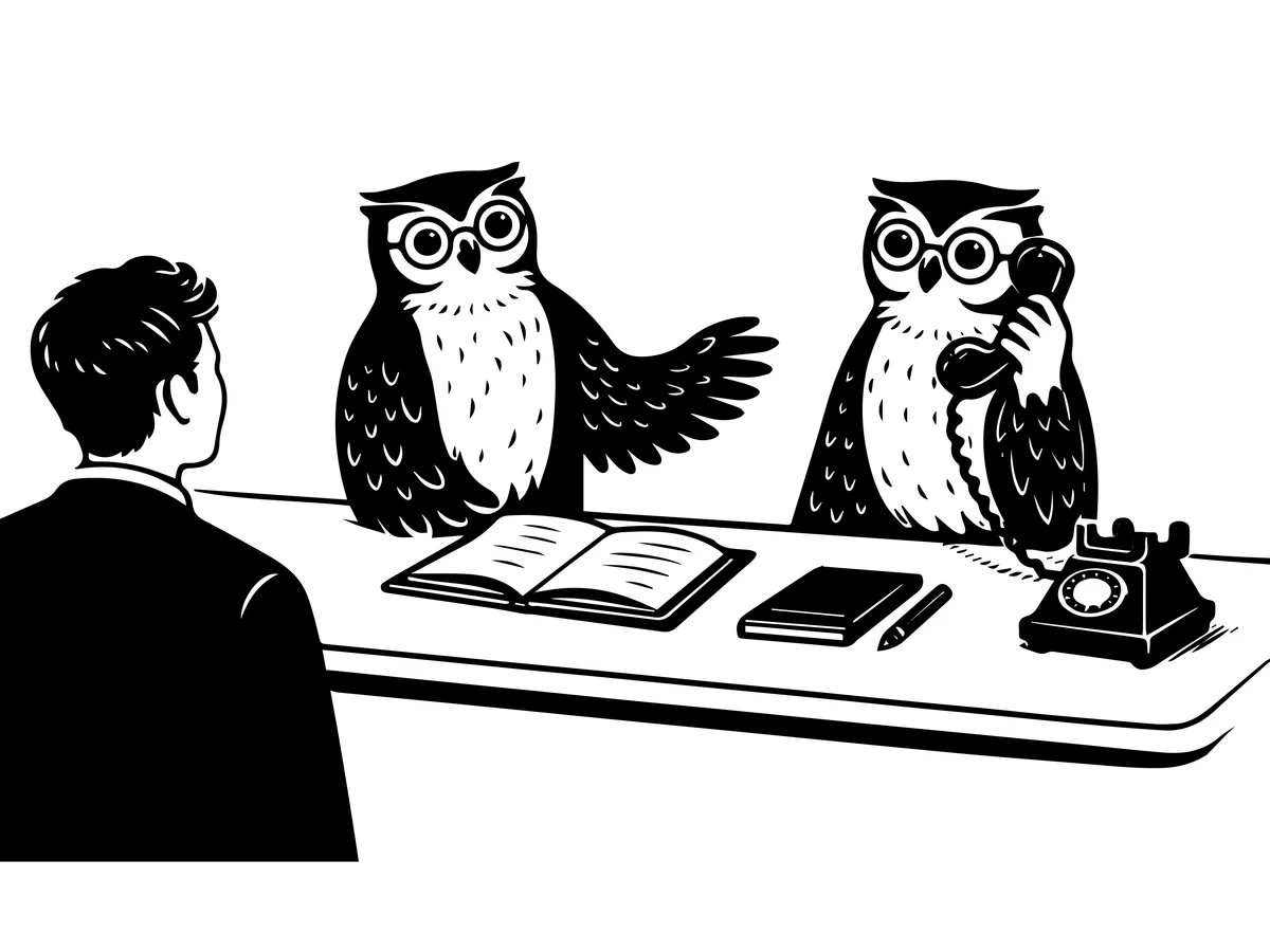 Illustration Roots Patrimoine — deux chouettes en réunion de conseil autour d'un bureau