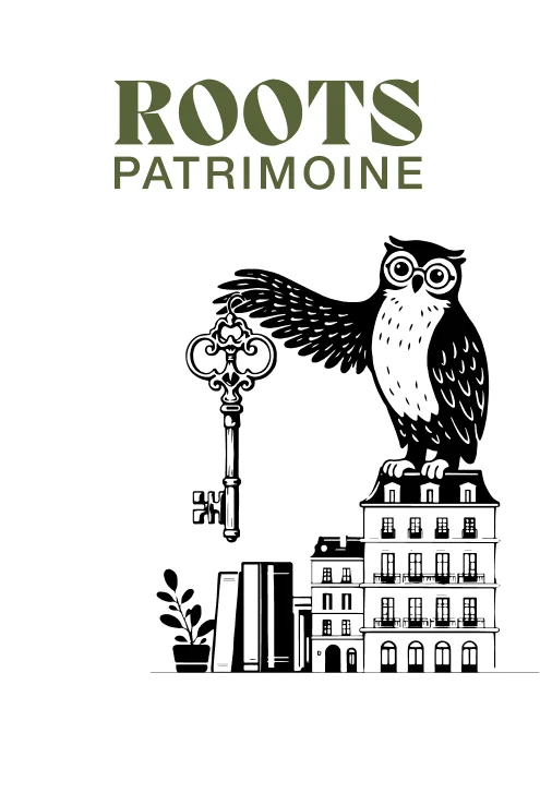 Logo Roots Patrimoine — typographie sérifes monumentales vert olive et mascotte chouette