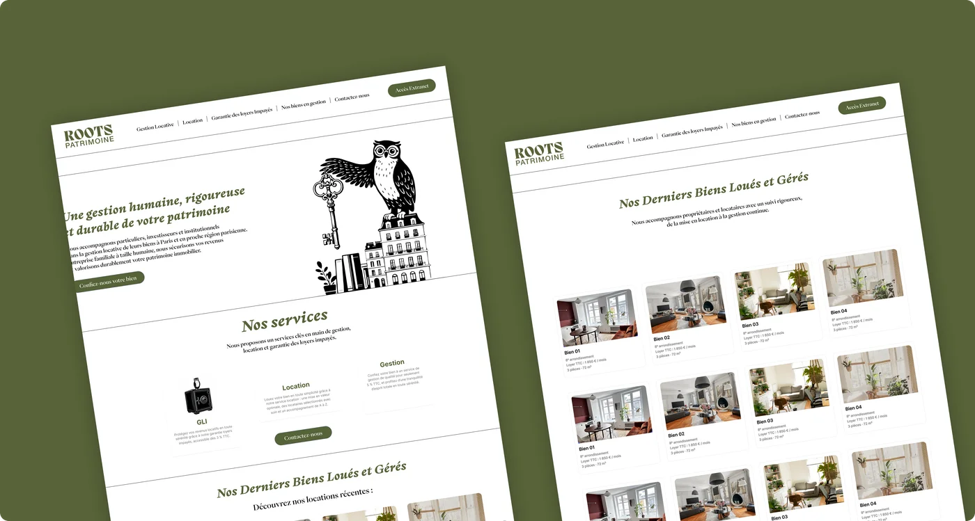 Site web Roots Patrimoine — gestion locative parisienne, maquette desktop