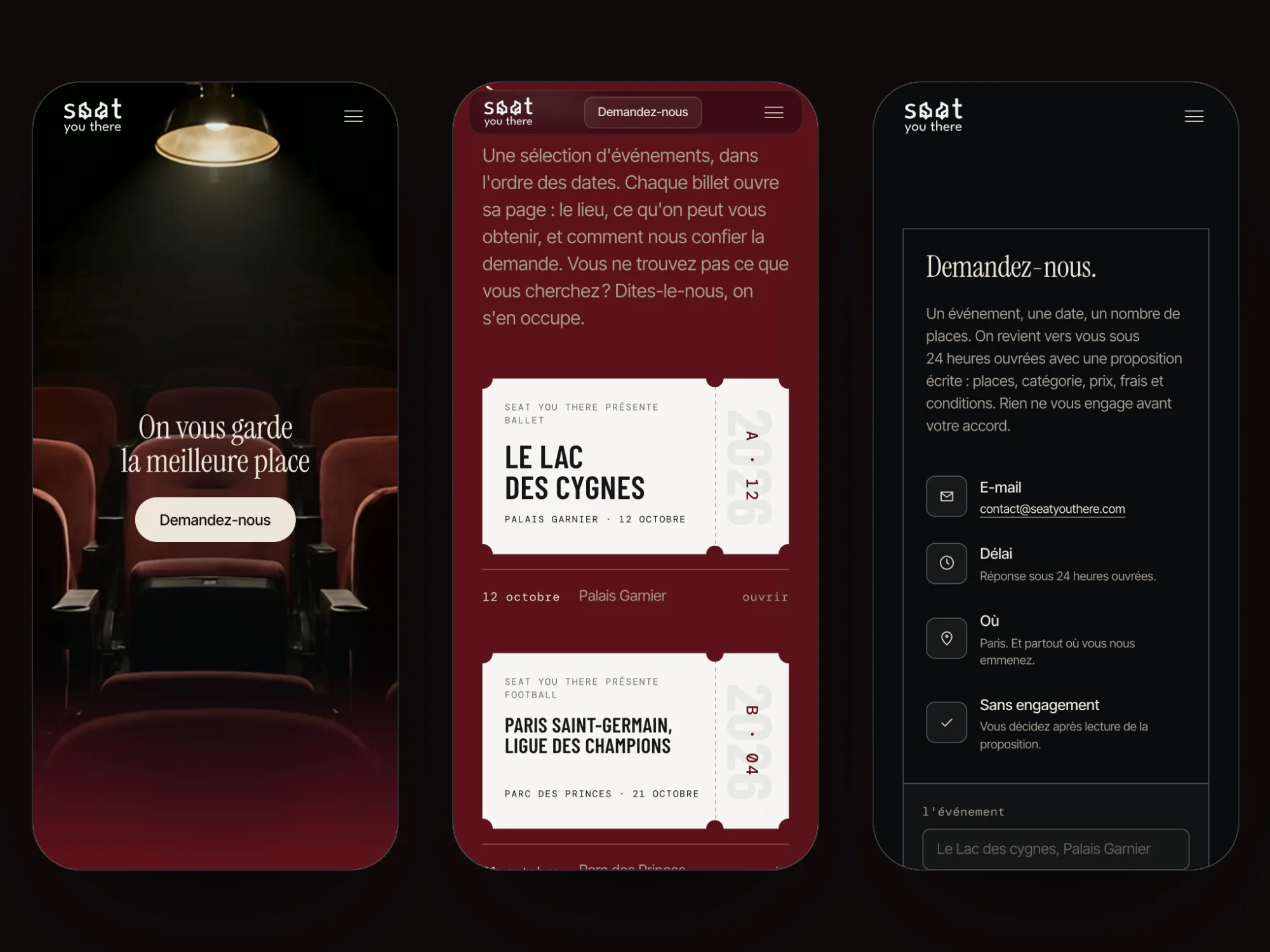 Site Seat you there sur mobile : page d'ouverture, programmation et formulaire de demande