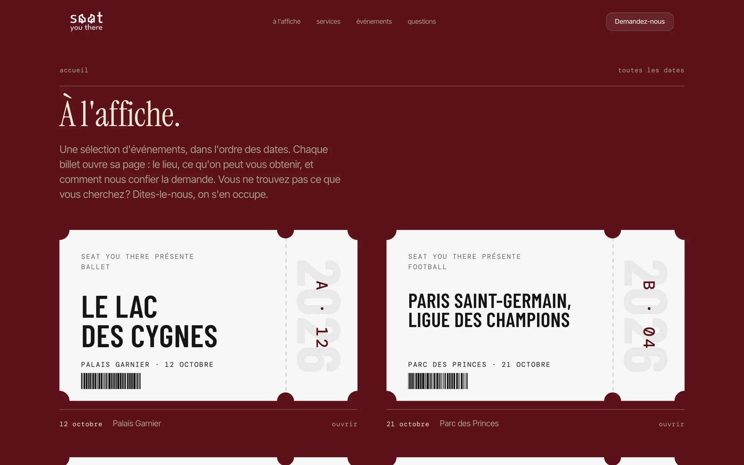 Programmation Seat you there : chaque événement à venir, son lieu et sa date, une page par événement