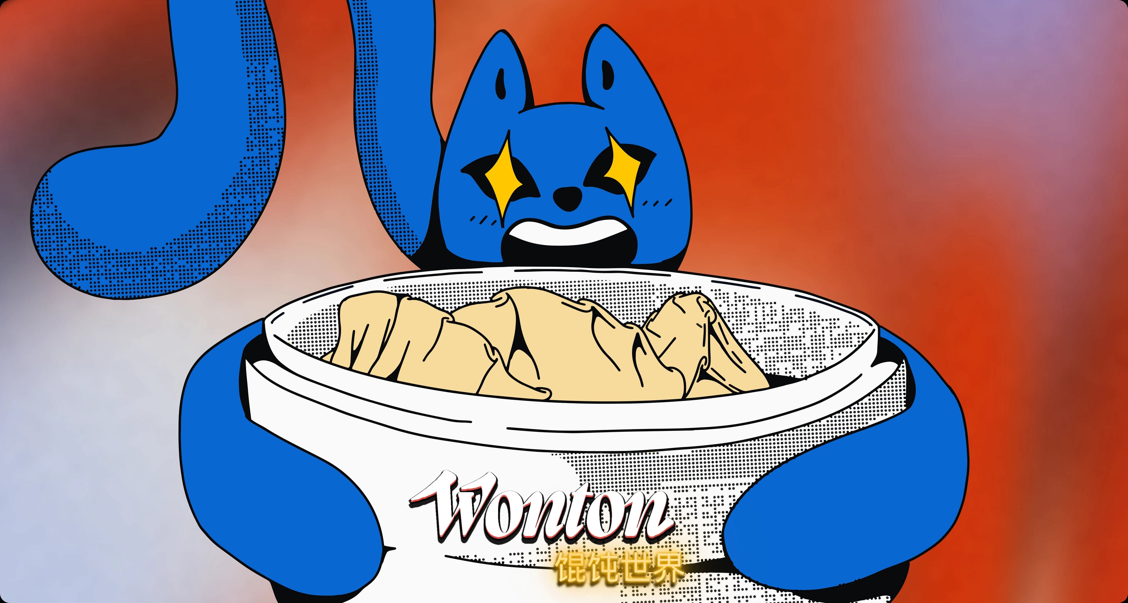 Mascotte Wonton vue du dessus tenant un bol de raviolis — direction artistique branding restaurant
