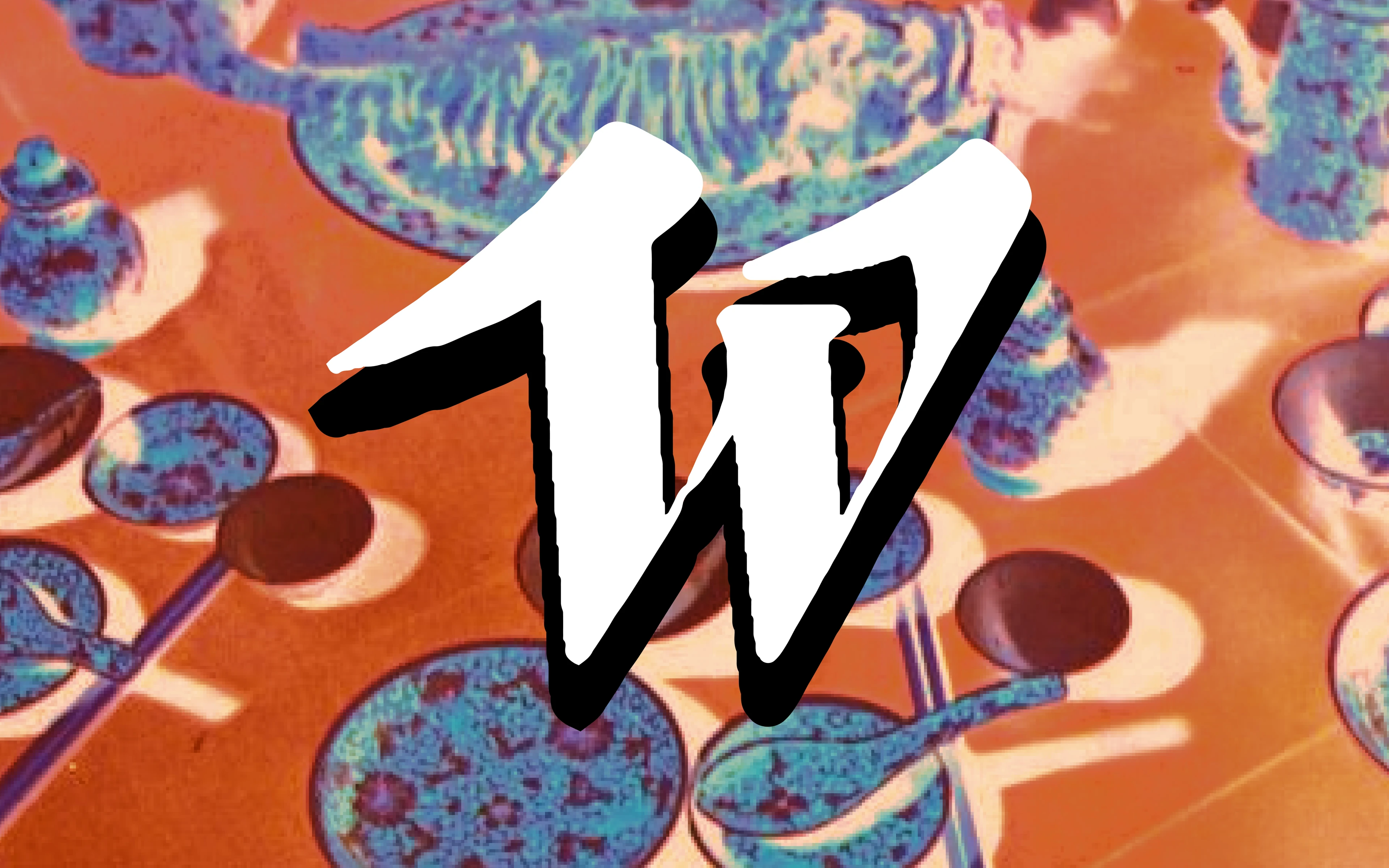 Monogramme W calligraphié de Wonton sur fond d'enseignes chinoises vintage